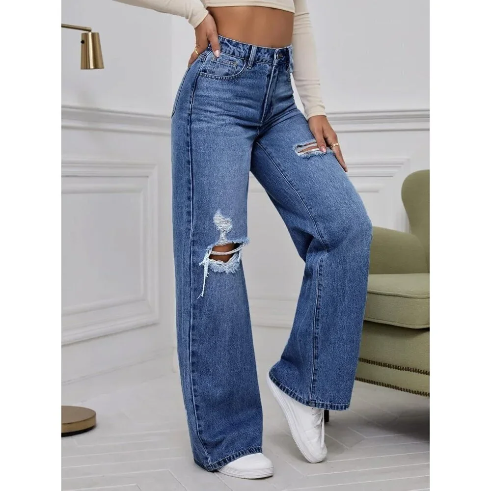 Women's High Waist Ripped Wide Leg Jeans Distressed Denim Pants
